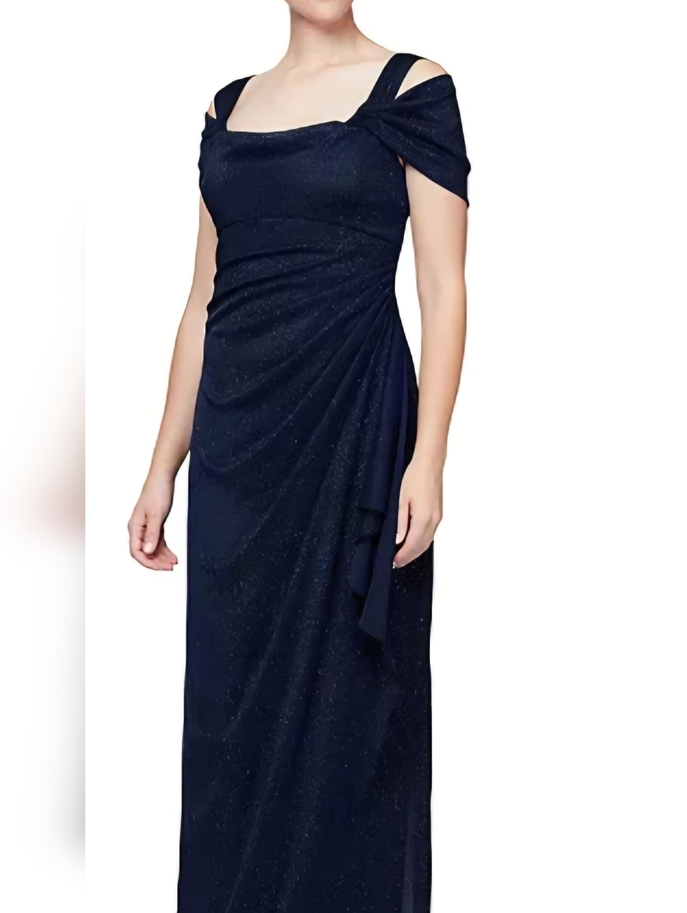 Alex Evenings Black Sparkle Draped Off-Shoulder Gown